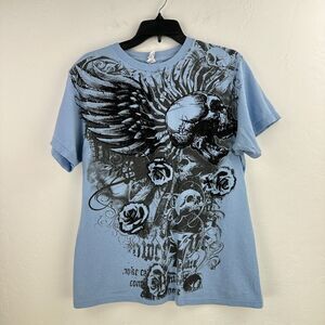 Vintage Delta Tshirt Mens M Blue Black Skull Graphic Tee Grunge Short Sleeve Y2K